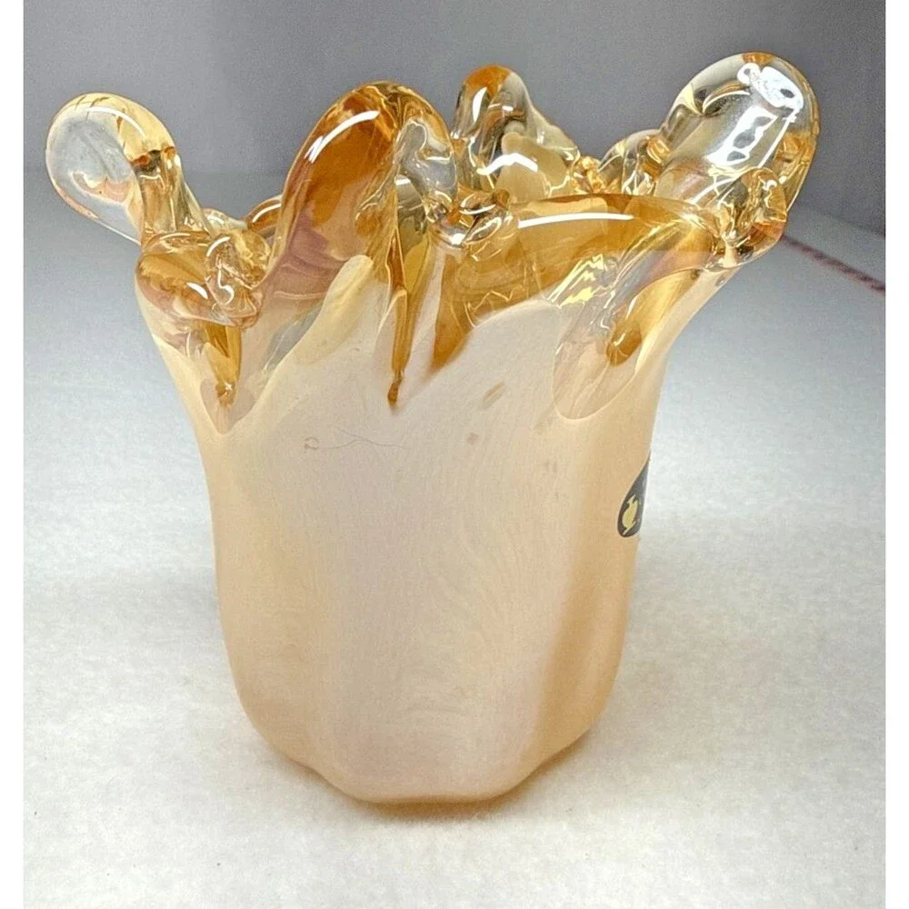 Murano Style Italian Art Glass Vase White Crystal Handmade Ruffled Edge